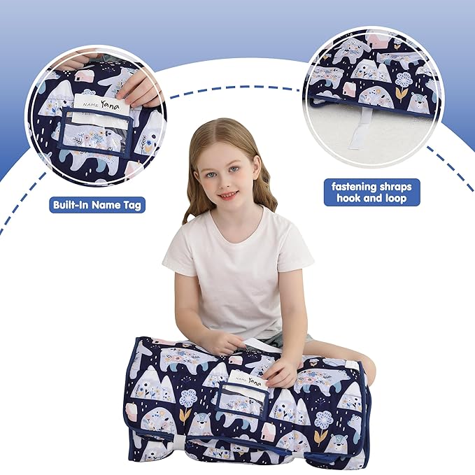 Viviland Toddler Kid Nap Mat for Preschool, Girls Deep Blue Bear Slumber Bag, Daycare Sleeping Bag with Pillow and Blanket, Kindergarten Sleep Mat