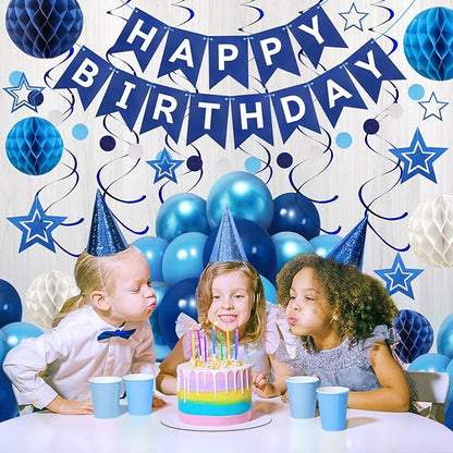 ZERODECO Birthday Decorations, Easy to Assemble Blue Happy Birthday Banner with Honeycomb Ball, Balloon, Hanging Swirl Streamer, Garland, Happy Birthday Party Decorations for Women Men Boys Girls