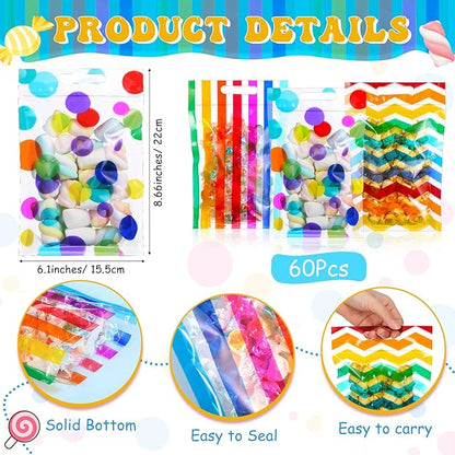 Pasimy 60 Pcs Pride Rainbow Plastic Candy Bags Polka Dot Stripes Printed Treat Goodie Gift Bags with Handle for LGBT Wedding Baby Shower Birthday Party Favor Supplies, 6 Design
