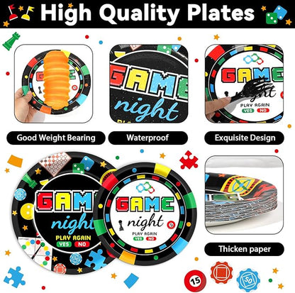 96Pcs Family Game Night Plates and Napkins Gaming Party Supplies Family Game Paper Plates Disposable Paper Plate Napkins Forks for Kids Adults Families Gamer Birthday Gaming Night Party Decorations