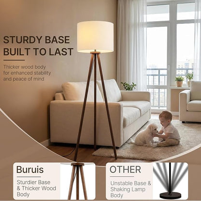 Buruis 60.6" Solid Wood Tripod Floor Lamp with 15.7" Large Linen Shade, Mid-Century Walnut Finish Standing Lamp for Living Room, Bedroom, Office, Corner, UL Listed, Bulb Not Included, Beige
