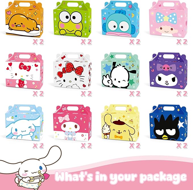 Zoomiin 24PCS Cute Party Favor Treat Boxes, Cartoon Theme Candy Boxes Goodie Gift Boxes with 12 Styles Pattern Birthday Party Supplies Decorations