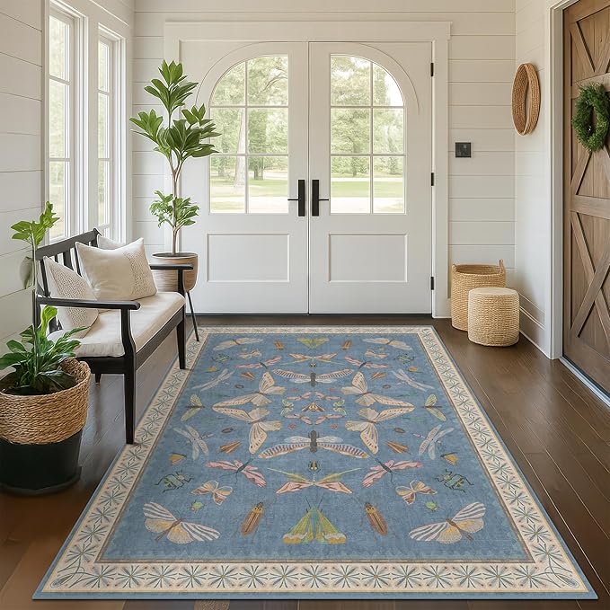 Modern Rugs for Living Room - 5x8 Moth Blue Carpet for Bedroom Under Bed, Girls Room Rug for Kids, Washable Non Slip Soft Floor Décor