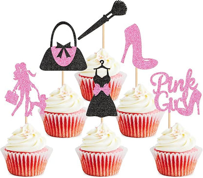 Ercadio 24Pcs Shopping Cupcake Toppers Pink Girl Cupcake Picks Handbag High Heels Dress Food Picks for Fashion Girl Women Birthday Bridal Bachelorette Shopping Party Decorations Supplies