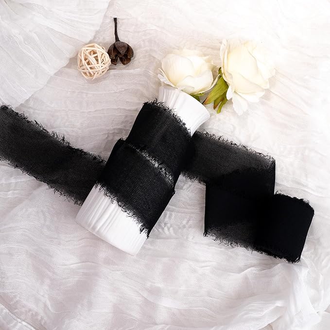 Black Chiffon Ribbon, Black Silk 1.5''x21Yd Handmade Frayed Fringe Ribbons for Wrapping, DIY Bows, Invitations, Bridal Bouquets, Crafts, Birthday, Wedding, Halloween, Party Decoration, 3 Rolls