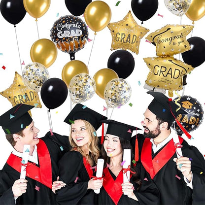 21 PCS Graduation Decorations Balloons, Black and Gold Balloon Grad Cap Round & Star Foil Balloons Congrats Grad for Boy Girls Graduation Party Decorations Supplies
