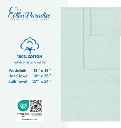 Cotton Paradise 6 Piece Towel Set, 100% Cotton Soft Absorbent Turkish Towels for Bathroom, 2 Bath Towels 2 Hand Towels 2 Washcloths, Mint Towel Set