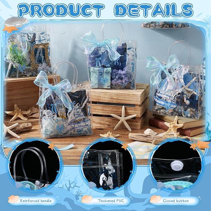Motipuns 24 Pcs Clear PVC Gift Bags with Handles and Ribbon Party Favor Reusable Plastic Goodie Candy Treat Bags for Birthday Party Supplies(Ocean)