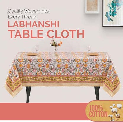 Labhanshi Indian Block Print Floral Table Cloth|Cotton 6-Seater 60x90 Inch Rectangle Washable Dinner Picnic Table Cloth|Cocktail Parties Wedding Spring Easter Table Decor|White Marigold