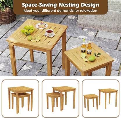 Tangkula 2 Pieces Patio Nesting Table, Teak Wood Outdoor Space Saving Design