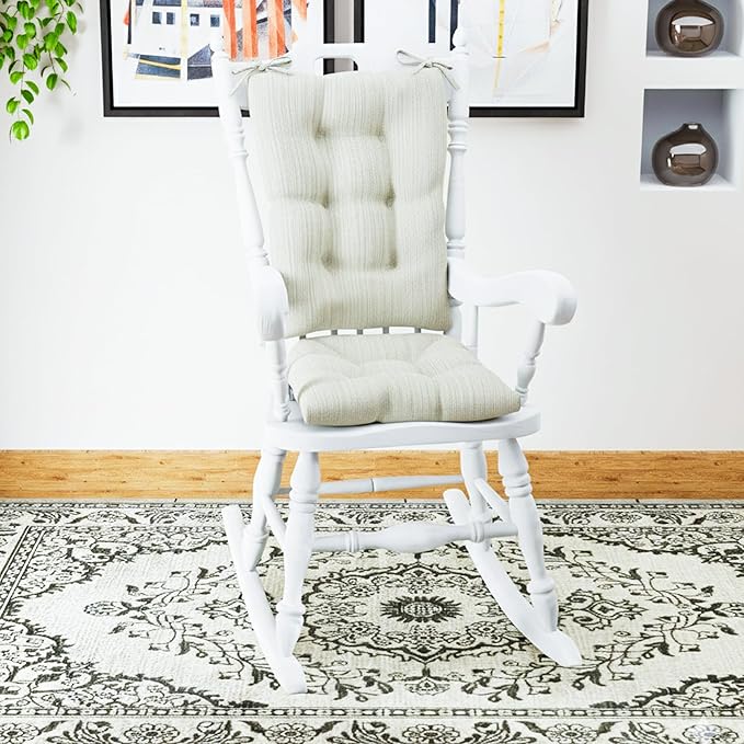 Klear Vu Omega Non-Slip Rocking Chair Cushion, Assembled in USA, Thick Tufted Design, Includes Seat Pad & Back Pillow with Ties, 17x17 Inches, 2-Piece Set, Solid Ivory