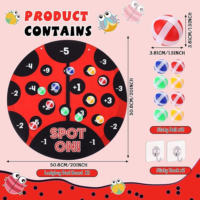 Hiboom Ladybug Party Games for Kids 20x20 Ladybug Dart Board Decorations with 12 Sticky Balls Toys, Indoor & Outdoor Party Carnival Games, Boys Girls Birthday Gifts for Kids