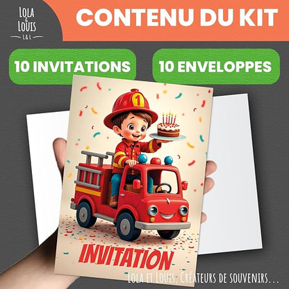 Lola and Louis® • 10 Children's Invitation Cards with Envelopes • Fire Truck Theme for Birthday and Parties • Easy to Fill • Girl and Boy Invitations • Thick Premium Quality Paper