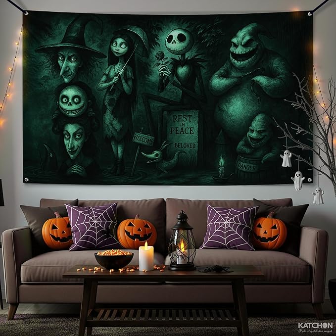 KatchOn, XtraLarge Green and Black Eerie Halloween Banner - 72x44 Inch | Spooky Halloween Backdrop | Halloween Banner for Haunted Decorations | Scary Backdrop for Summerween Decoration