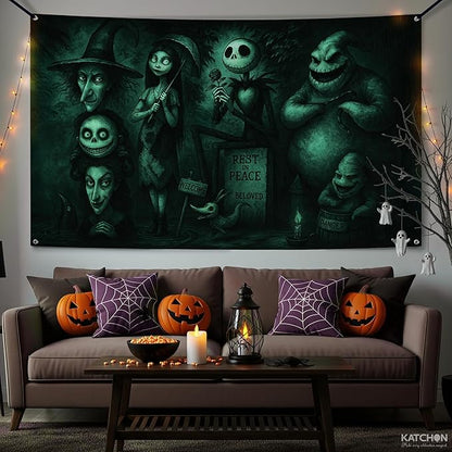 KatchOn, XtraLarge Green and Black Eerie Halloween Banner - 72x44 Inch | Spooky Halloween Backdrop | Halloween Banner for Haunted Decorations | Scary Backdrop for Summerween Decoration