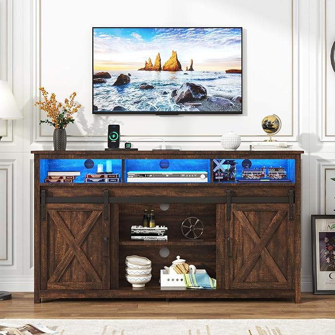 LED Farmhouse TV Stand for 65 inch TVs, Rustic Entertainment Center TV Cabinet