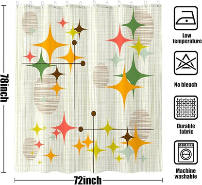 Long Mid Century Modern Shower Curtain Retro Stars Shower Curtains for Bathroom Abstract Vintage Boho Art Waterproof Fabric Bath Curtain Decor (Yellow1, 72'' x 78'')