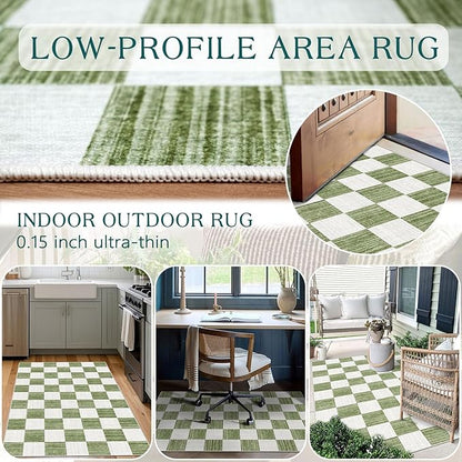 Green White Checkered Entry Rug - 3x5 Ft Non-Slip Washable Indoor Outdoor Front Door Mat Outside Entrance Porch Rug Geometric Rugs for Living Room Bedroom Entryway Kitchen Office Porch Decor