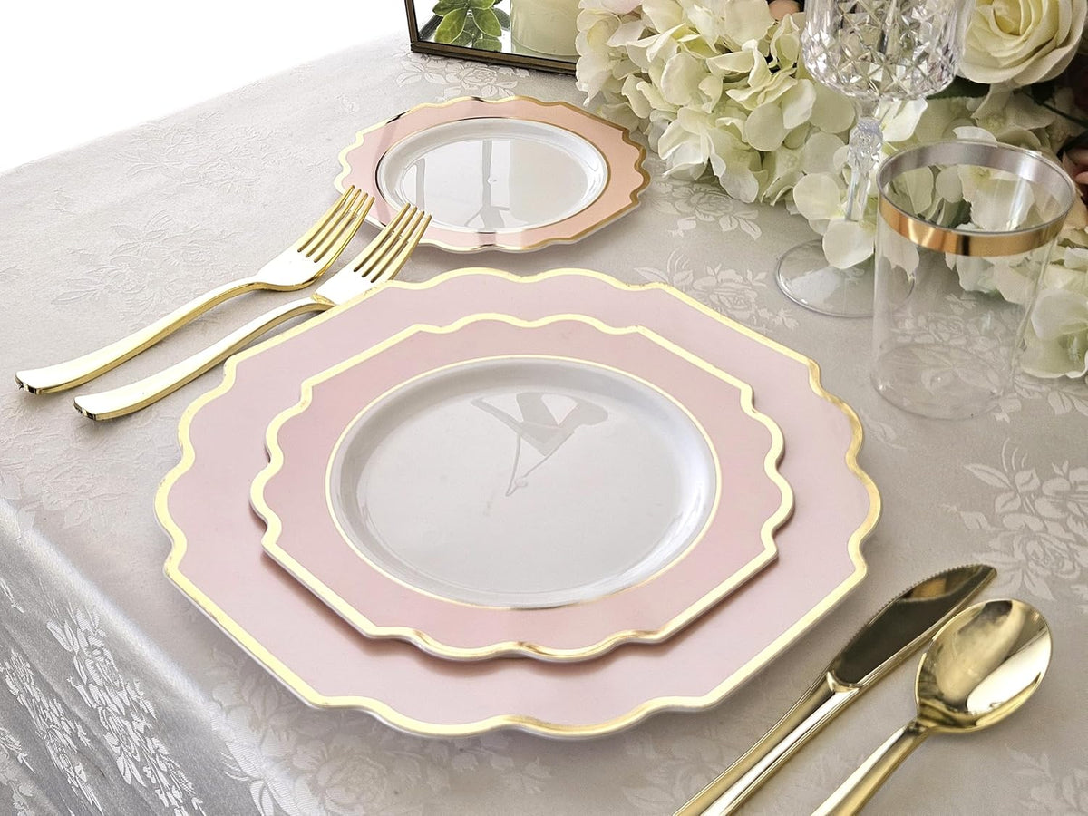 " OCCASIONS " 120 Plates Pack,(60 Guests) Heavyweight Premium Wedding Party Disposable Plastic Plates Set -60 x 10.5'' Dinner + 60 x 8'' Salad/Dessert(Imperial in Blush & Gold)