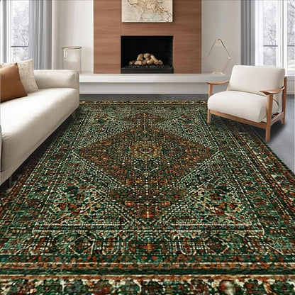 Flatwoven High Traffic Area Rug 5x7, Nordic Geometric Runic Motif with Interlaced Diamonds and Earthy Tones, Non Slip, Stain Resistant, Washable Area Rugs for Living Room, Bedroom (Green, 5x7)