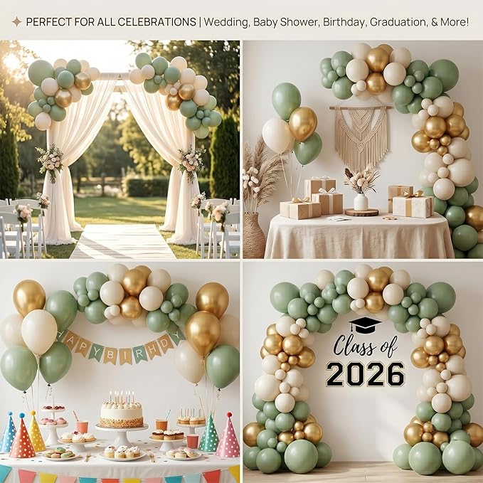 60pcs Sage Green and Gold Balloon Kit,12 Inch Eucalyptus Olive Green Cream & Metallic Gold Balloons for Boho Baby Shower, Bridal Wedding, Jungle Safari Birthday (with Ribbons & Glues)