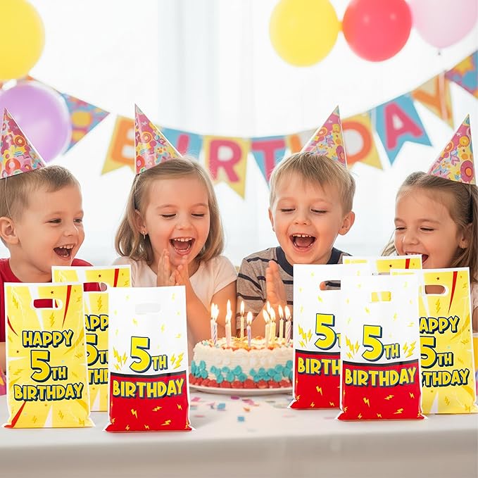 Andi Cppss Happy Birthday Party Favor Bags - 50PCS Red White Yellow Lighting Bolts Plastic Goodie Bags with Handle for Kids Cartoon Goody Treat Candy Gift Bag for Girls Boys 5th Birthday Party Favors
