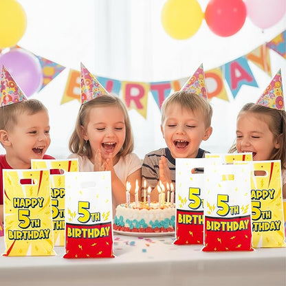 Andi Cppss Happy Birthday Party Favor Bags - 50PCS Red White Yellow Lighting Bolts Plastic Goodie Bags with Handle for Kids Cartoon Goody Treat Candy Gift Bag for Girls Boys 5th Birthday Party Favors