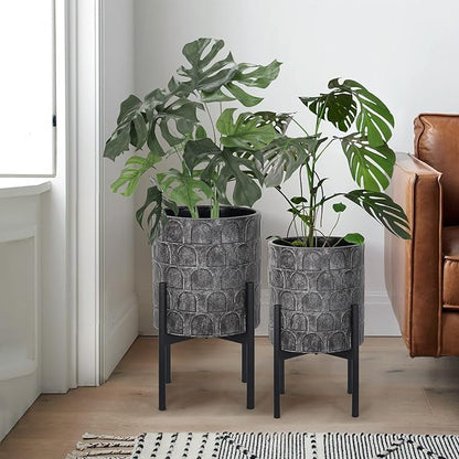 Oakrain Planters for Indoor Plants, Set of 2 Modern Planter with Stand, Decorative Metal Planter Pots for Living Room, Office, Garden, Balcony, 8"&10", Rustic Gray
