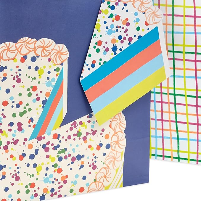 Hallmark 13" Large Birthday Gift Bag Bundle (3 Bags: Rainbow Confetti Cake, Plaid, Solid Teal Blue)