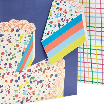 Hallmark 13" Large Birthday Gift Bag Bundle (3 Bags: Rainbow Confetti Cake, Plaid, Solid Teal Blue)