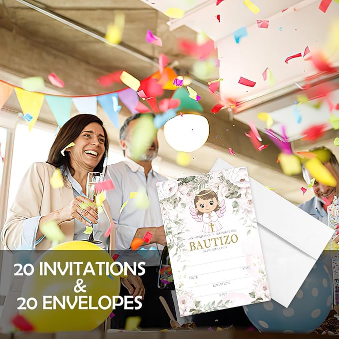 AEHIE 20 Sets Bautizo Baptism Baby Shower Party Shaped Fill-In Invitations With Envelopes, Pink Floral Angel Gold Cross Invitations Cards for Girls, Christening First Holy Communion Party Invites