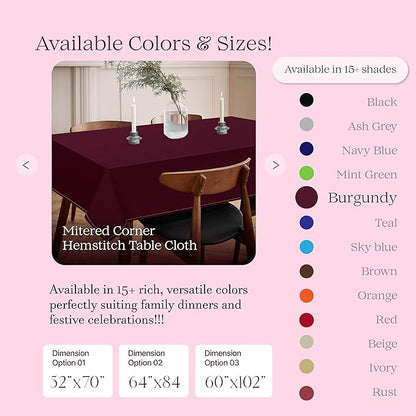 Burgundy Wine Tablecloth, 100% Cotton, 60x102 Inch, Fits 8-10 Seats, Soft, Washable, Wrinkle Resistant, Rectangle Dining Table Cover for Anniversaries, Decor, Holiday, Dinner, Events