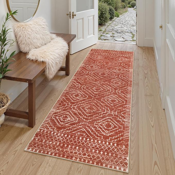 Wonnitar Moroccan Runner Rug 2x6, Washable Hallway Runner Rugs with Rubber Backing,Bohemian Geometric Kitchen Runner Non-Skid Soft Indoor Carpet for Bathroom Laundry Room (Brown,2'x6')