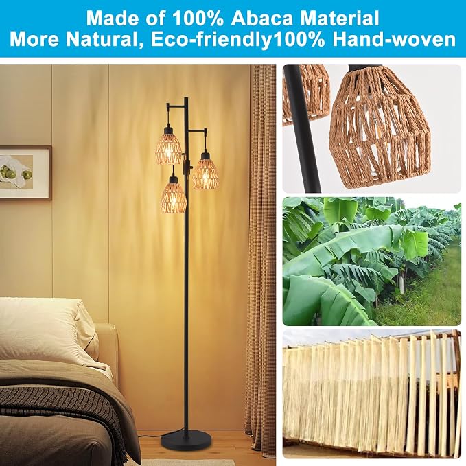 Boho Rattan Floor Lamp-Standing Lamps for Living Room 70'' Dimmable Floor Lamp with Cage Shade, Industrial Farmhouse Floor Lamps Rustic Floor Lamps Vintage Lamp for Living Room Bedroom Office