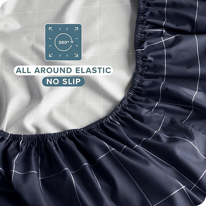 Bare Home Fitted Bottom Sheet Queen Size - Premium 1800 Microfiber - Ultra-Soft Hotel Luxury - Deep Pocket - Durable and Long Lasting (Queen, Grid - Midnight Blue/White)