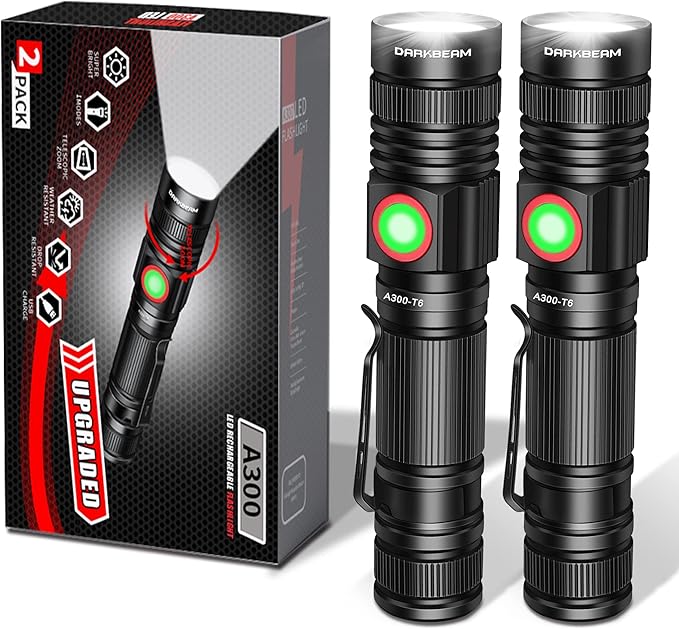 DARKBEAM LED Flashlights Rechargeable USB 2000 High Lumens, Small and Bright Pocket Flashlight, Zoomable Water Resistant Handheld Flash Light for Camping, Outdoor, Emergency with Battery, 2 Pack