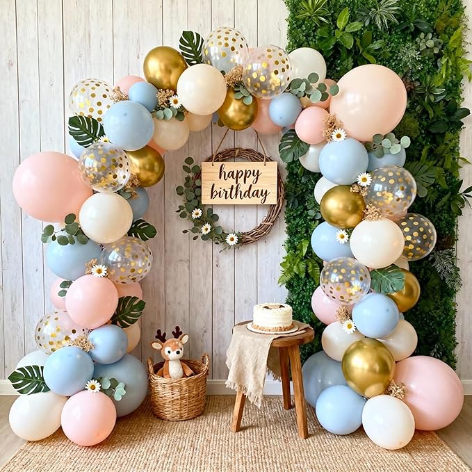 Gender Reveal Balloon Arch Kit -129pcs Dusty Pink and Blue Balloons Chrome Gold Sand White Confetti Latex Balloons for Boho Bachelorette Birthday Wedding Bear Theme Party Decorations