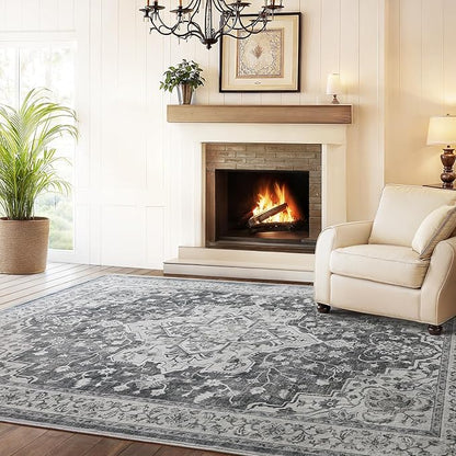 Marsail 5x7 Machine Washable Area Rug, Soft & Slip-Resistant Large Area Rug with Reinforced Bound Edges, Vintage Short-Pile Washable Rug with Floral Pattern for Living Room, Dinning Room and Bedroom