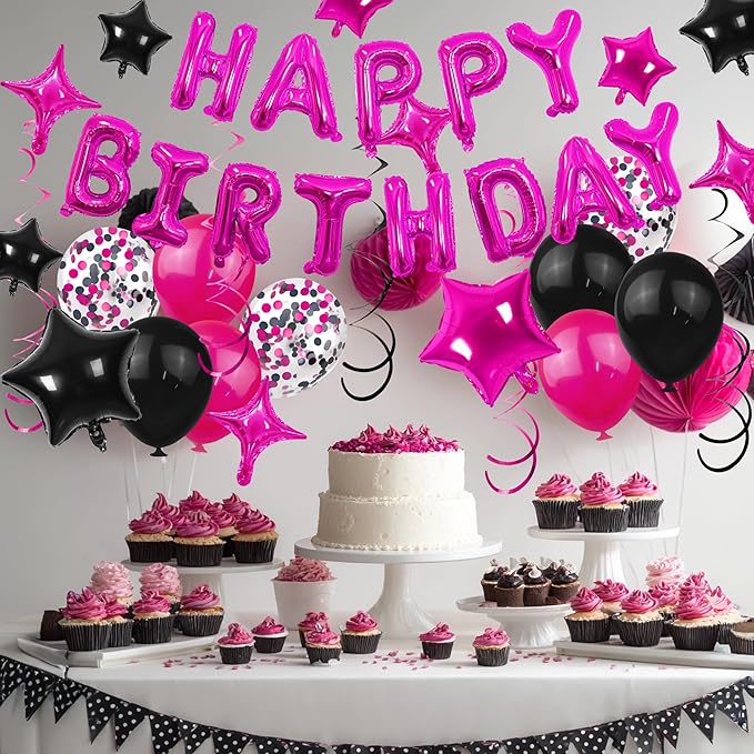 56 PCS Happy Birthday Balloons Happy Birthday Banner Rose Red and Black Balloons for Boys Men Girls Women 16th 18th 20th 21st 25th 30th 40th 50th 60th Birthday Party Decorations