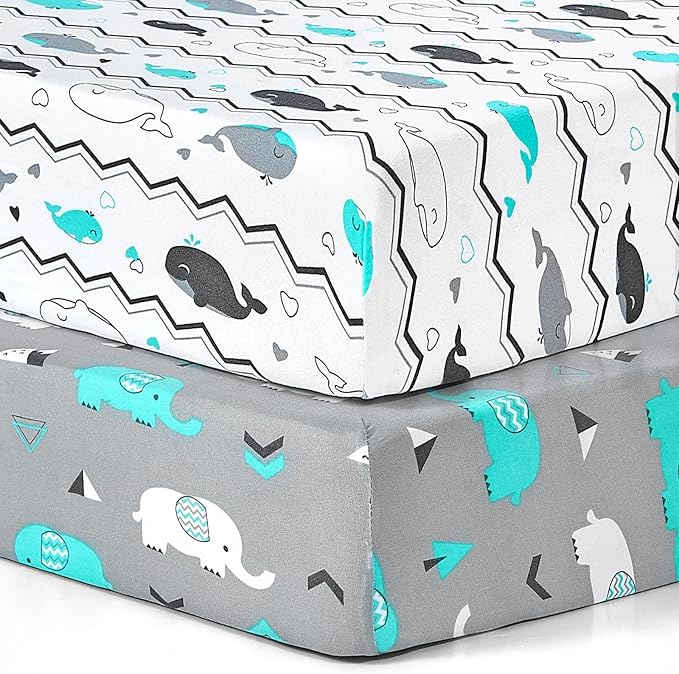 BROLEX Baby Fitted Crib Sheets: Kid Crib Sheets - Set of 2 for Toddler Standard Size Crib Mattress for Boys and Girls - Jersey Knit Crib Bed Sheets Elephant Whale