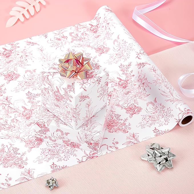 WERNNSAI Pink Wrapping Paper Roll - 1 Roll 17”x 33 ft Vintage Floral Wrapping Paper Pink Flower Gift Wrap for Girls Women Birthday Bridal Shower Wedding Supplies
