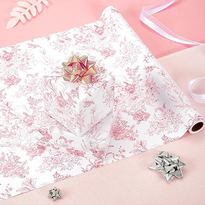WERNNSAI Pink Wrapping Paper Roll - 1 Roll 17”x 33 ft Vintage Floral Wrapping Paper Pink Flower Gift Wrap for Girls Women Birthday Bridal Shower Wedding Supplies