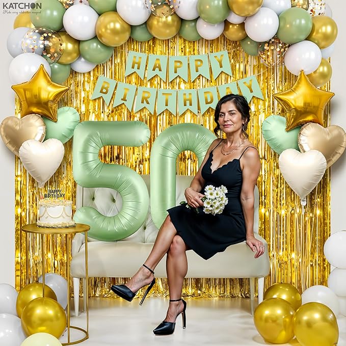 KatchOn, Sage Green 50th Birthday Decorations Set – Pack of 49 | Sage Green 50 Balloon Numbers, Star, Heart and Confetti Balloons, Gold Fringe Backdrop for 50 Birthday Decorations for Women, Men