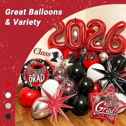 Red and Black Graduation Decorations with Fringe Curtain Banner Metallic Silver Confetti Black Red White Balloons for Graduation Decorations 2026