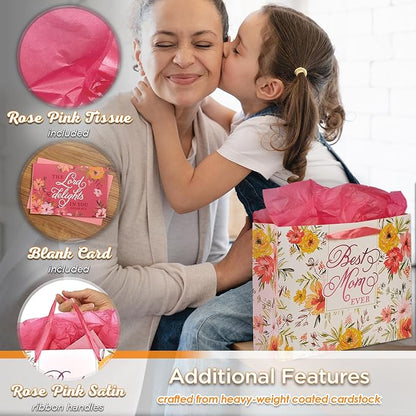 Christian Art Gifts Three Piece Landscape Gift Bag w/Card & Tissue Paper Set for Mothers - Best Mom Ever & The Lord Delights in You - Isaiah 62:4, White, Orange & Pink Multi-Floral Arrangement, Large
