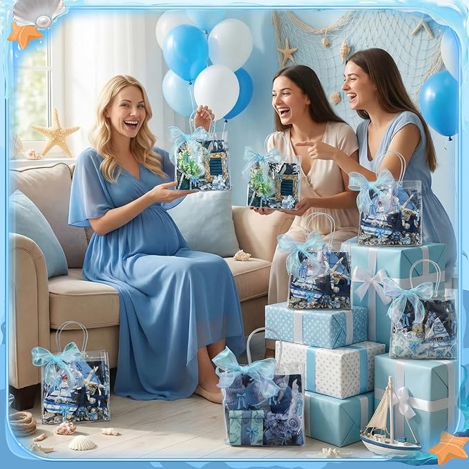 Motipuns 24 Pcs Clear PVC Gift Bags with Handles and Ribbon Party Favor Reusable Plastic Goodie Candy Treat Bags for Birthday Party Supplies(Ocean)