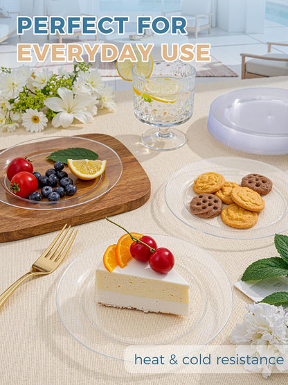 WDF 200PCS Clear Plastic Plates for Party - Heavy Duty Clear Disposable Plates - 100 x 10"Dinner Plate and 100 x 7" Dessert/Cake Plastic Plate for Weddings/Traval/Party/BBQ/Events