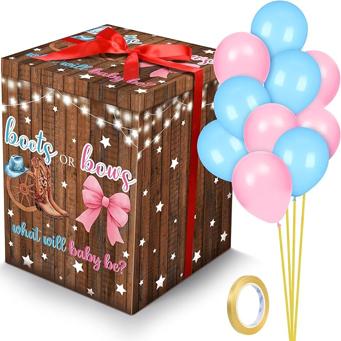 Hungdao Gender Reveal Balloon Box with Ribbon and 10 Pink and Blue Balloons Gender Reveal Games He or She Open to See for Party Decoration 12"x12"x16"(Boots and Bow)