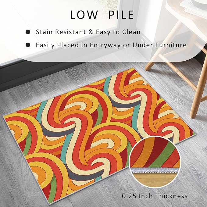 70s Retro Rug Large 8x10 Abstract Striped Groovy Hippie Pattern Area Rugs for Living Room, Bedroom, 70s Retro Home Decor Accessories Indoor Carpet, Non Slip & Machine Washable, GD0333