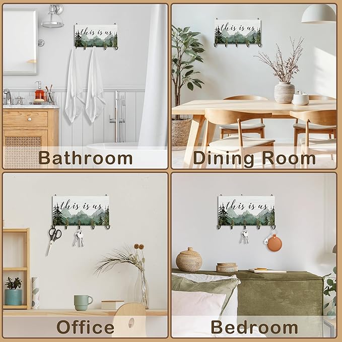 This is us Decor Key Holder for Wall 10"x5.12", Inspiration Sign Key Hanger Wall Mount, Family Quotes Rustic Forest Mountain Wooden Hanging Keys Holder Decor for Entryway Front Door（5 Hooks）